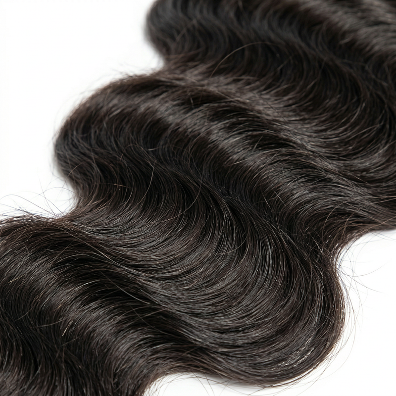 Close-up of dark brown hair extensions on a white background