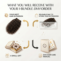 DVH hair extension bundle with packaging and care manual on a white background