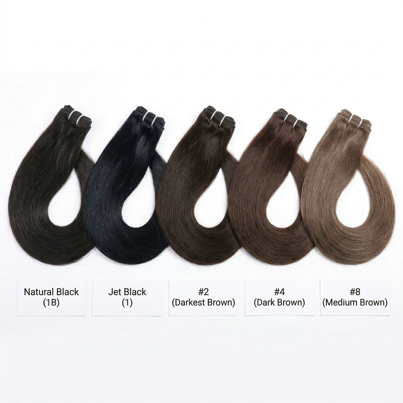 Set of hair extensions in various colors on a white background