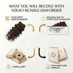 DVH hair extension bundle with packaging and care manual on a white background