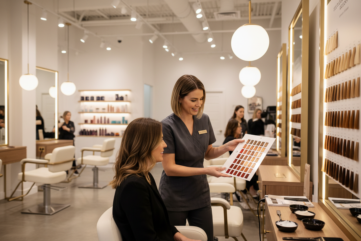 Hair colour consultation with shade swatches at a salon
